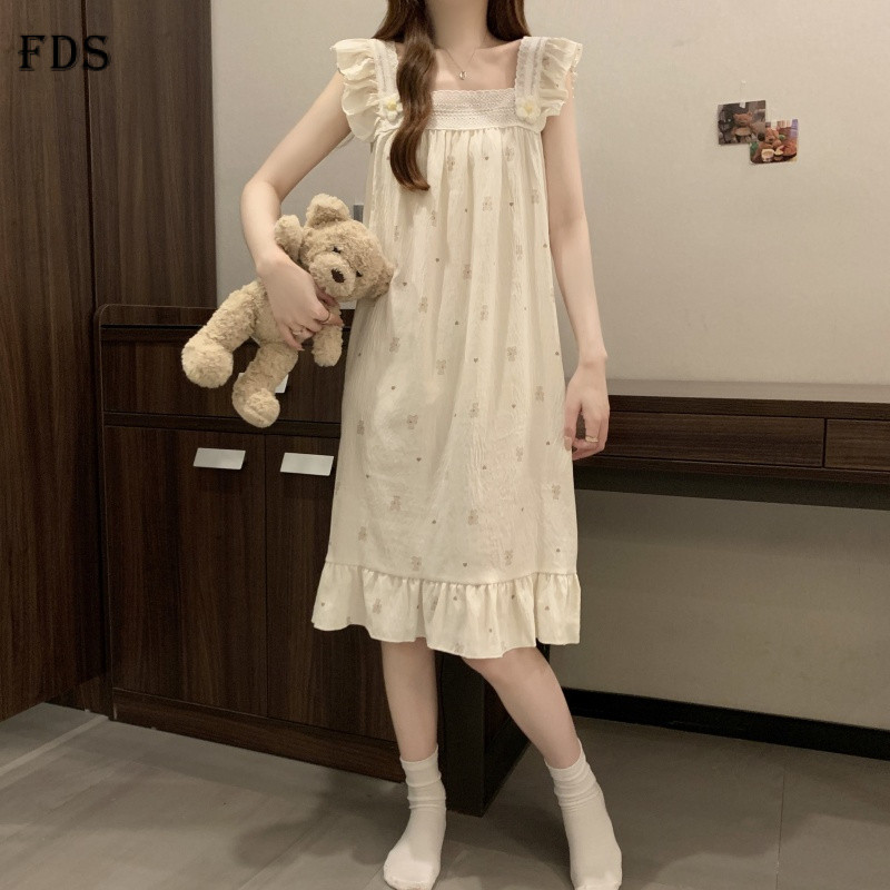 ชุดนอนผ้าฝ้ายสายคล้องคอแบบสบายฤดูร้อน FDS ใหม่ หลวม หวาน น่ารัก เสื้อผ้าใส่ในบ้าน