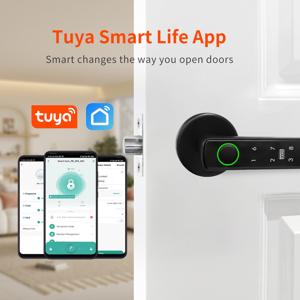 Tuya บลูทูธ APP ลายนิ้วมืออัจฉริยะห้าในหนึ่งล็อคประตูพร้อมรหัสผ่านกุญแจกลปลดล็อคประตูไม้จับเดียวชีวิตอัจฉริยะ