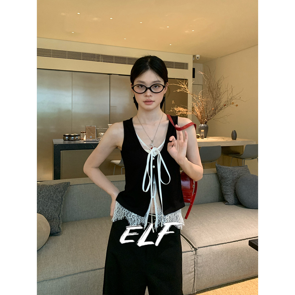 ELFwoo ลูกไม้เย็บปะติดปะต่อกันปลอมสองชิ้นออกแบบเสื้อกั๊ก