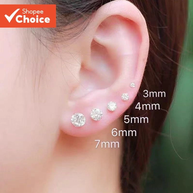 Silver Ear Studs สีขาวเพทาย Minimalist ต่างหูสําหรับ Sensitive Ears