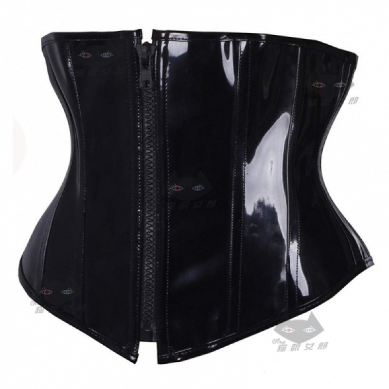 CATeye03193 LadyGlam Gorgeous Elegant Corset, หน้า zipped หนังสิทธิบัตรสีดํา PVC Cincher เข็มขัดกว้าง
