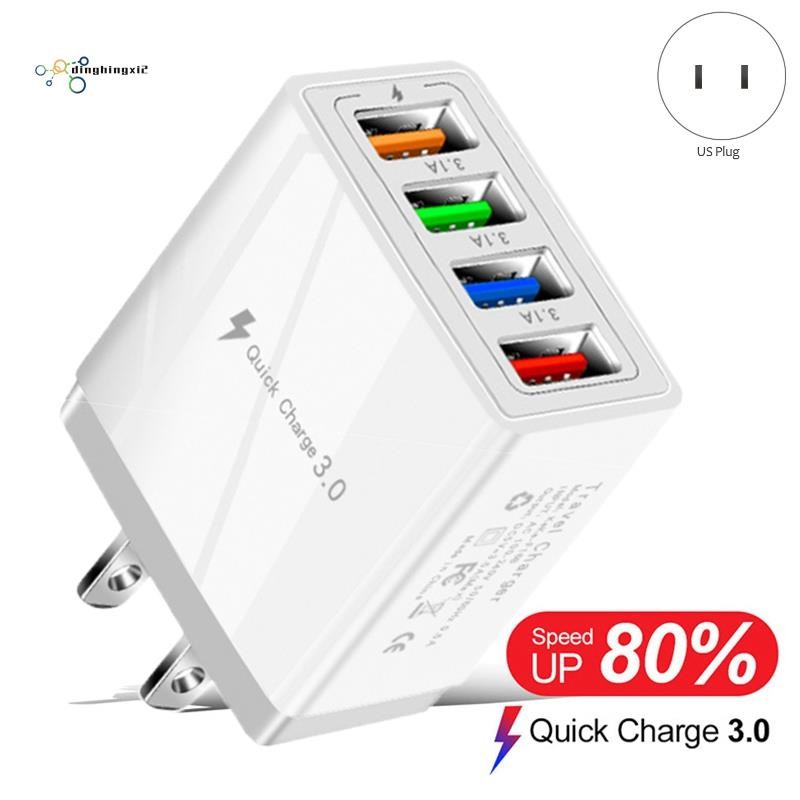 4 USB Fast Charging Adapter,พร้อมไฟ LED Fast Charge Charger 5V3A Charger Type-C QC3.0 Fast Charge Ad