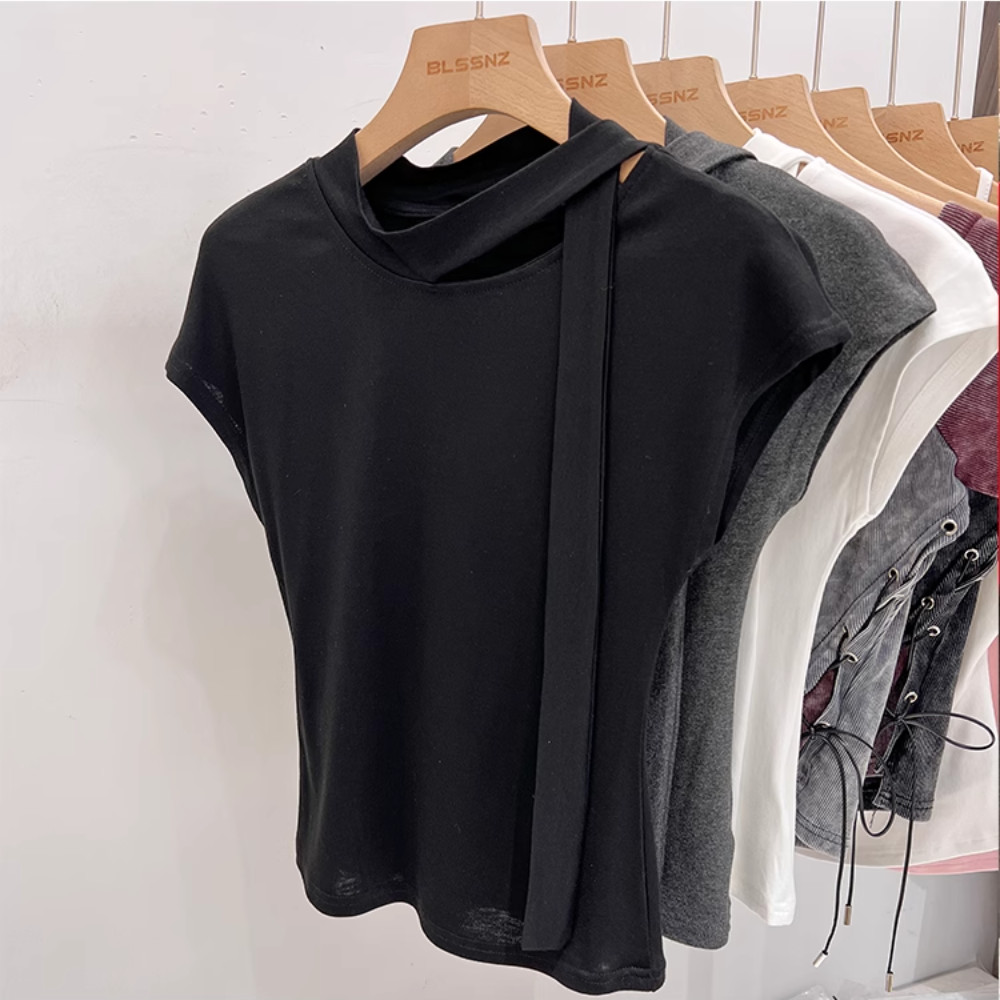 ขเสื้อยืดแขนสั้นโมดอลสําหรับฤดูร้อนสําหรับผู้หญิงสไตล์ฝรั่ รูปที่ 5