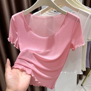 เสื้อยืดแขนสั้นคอเหลี่ยมตาข่ายผ้าไหมน้ำแข็งสำหรับผู้หญิง สไตล์สั้นกระดูกไหปลาร้าฤดูร้อน ชั้นฐานเชียร์บาง