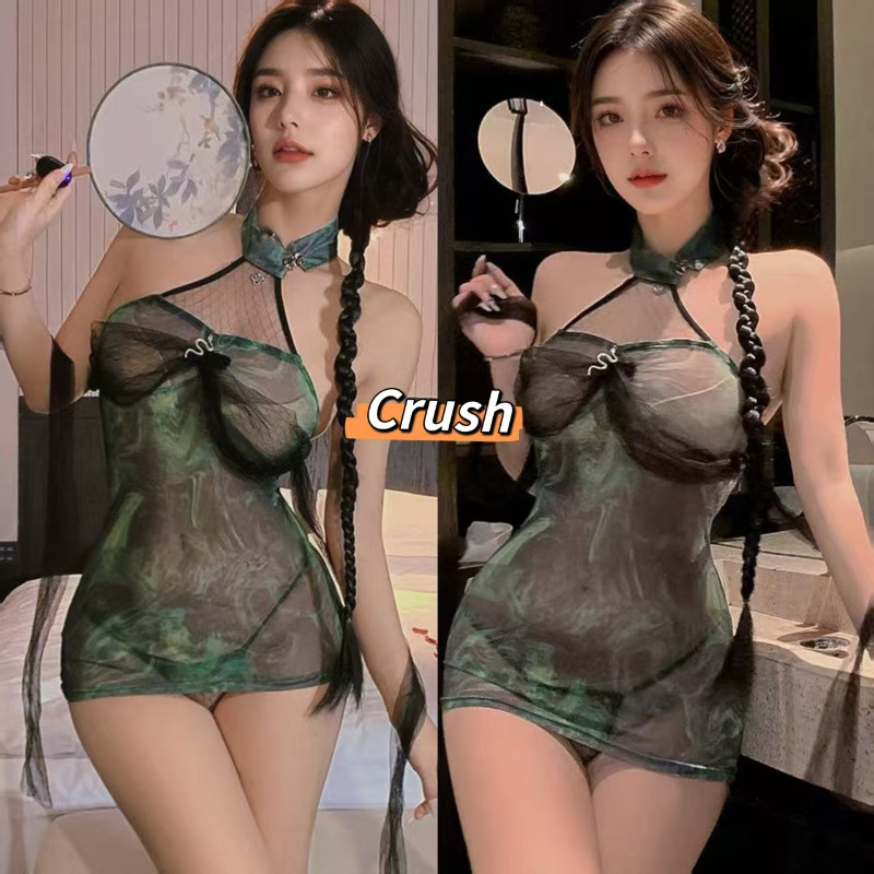 Crush💘ชุดนอนคอสเพลย์เซ็กซี่ เดรสคล้องคอ หน้าอกแต่งจี้งู พร้อมปลอกแขนระบายผ้าซีทรู🛒พร้อมส่งจากไทย (ฺQ