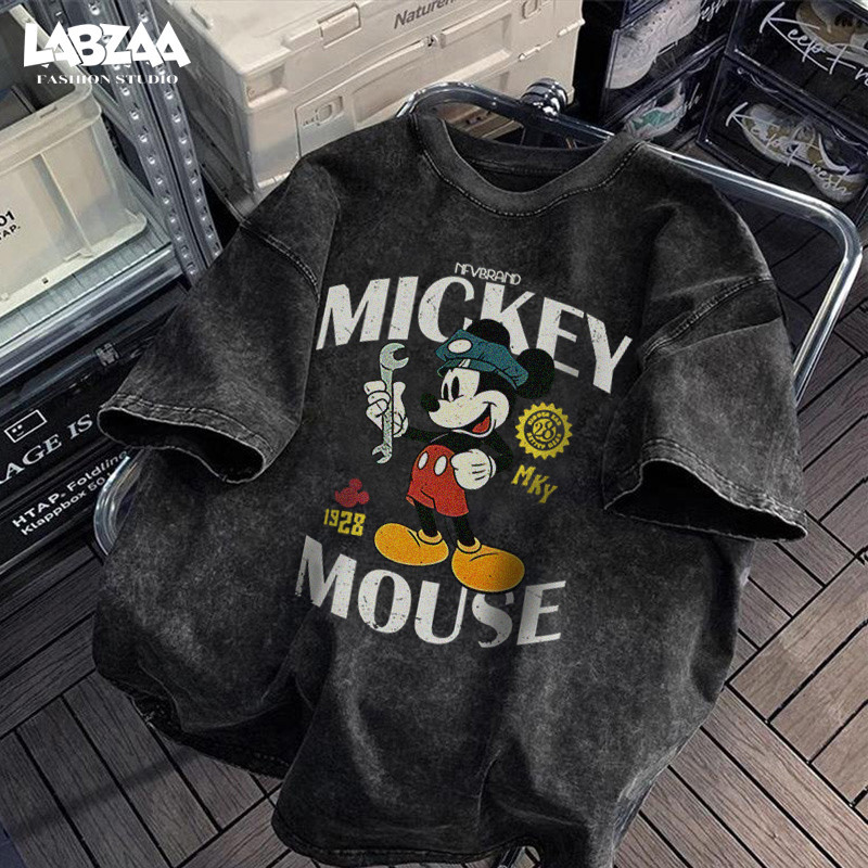 เสื้อยืดคอกลมแขนสั้น⚡Mickey Mouse วินเทจฟอกน้ำ oversize ใส่สบาย ไม่ต้องรีด แนวสตรีทแฟชั่น cotton 100% YG535