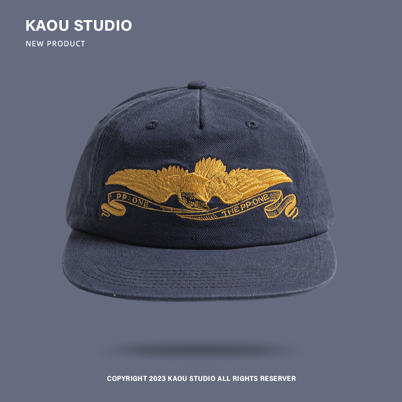 Hip-hop แฟชั่นแบรนด์หมวกเบสบอลปีกแบนผู้ชายสไตล์อเมริกัน Heavy-industry Eagle เย็บปักถักร้อย Retro Soft Top Street บุคลิกภาพหมวกผู้หญิง