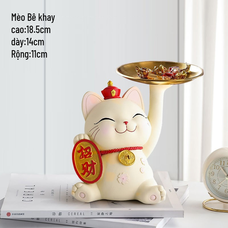 Yale77 Lucky Cat Holding Winter Peach Blossoms – ชั้นวางแขวนกุญแจ & ถาดเก็บของตกแต่งสุดหรู
