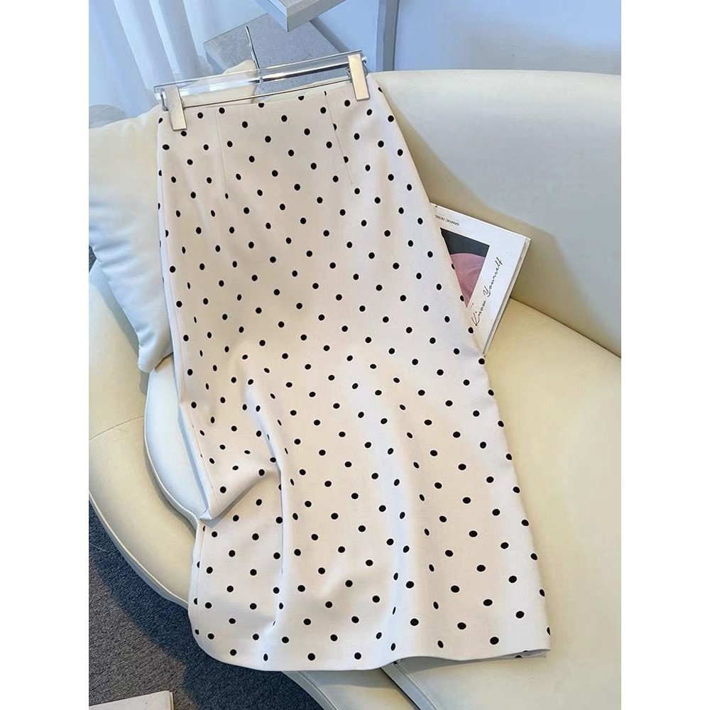 Polka dot skirts กระโปรงผู้หญิง เอวยืดหยุ่น กระชับสัดส่วน ทรงตรง ผ่ากลาง กระโปรงบอดี้คอนยาวกลาง