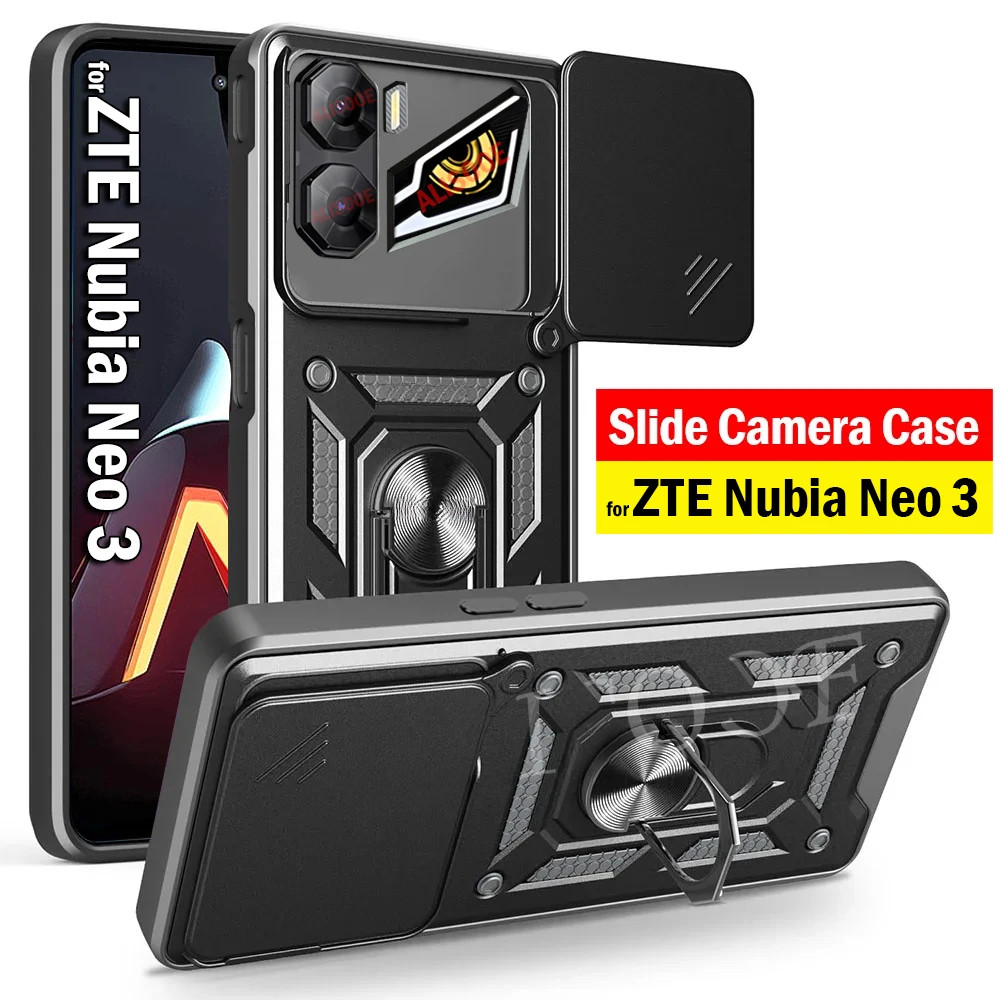 ZTE เกราะสไลด์กล้องเลนส์สําหรับZTE Nubia Neo 3 NubiaNeo3 Neo2 2025 5Gกันกระแทกเคสโทรศัพท์ผู้ถือแหวนปลอกวงเล็บStent Pushกล้องป้องกันกรณีปกหลัง