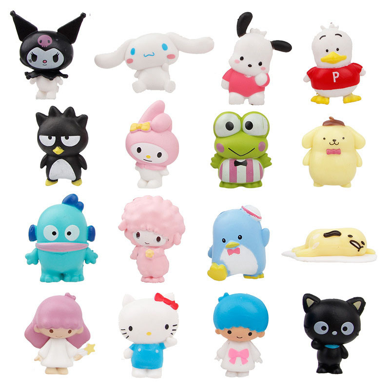 SANRIO 16 ชิ้น 4 ซม.Sanrio Cinnamoroll อะนิเมะรูป Pochacco Kuromi Pom Pom Purin Hello Kitty Action Figure ของเล่นตุ๊กตา My Melody ของขวัญ