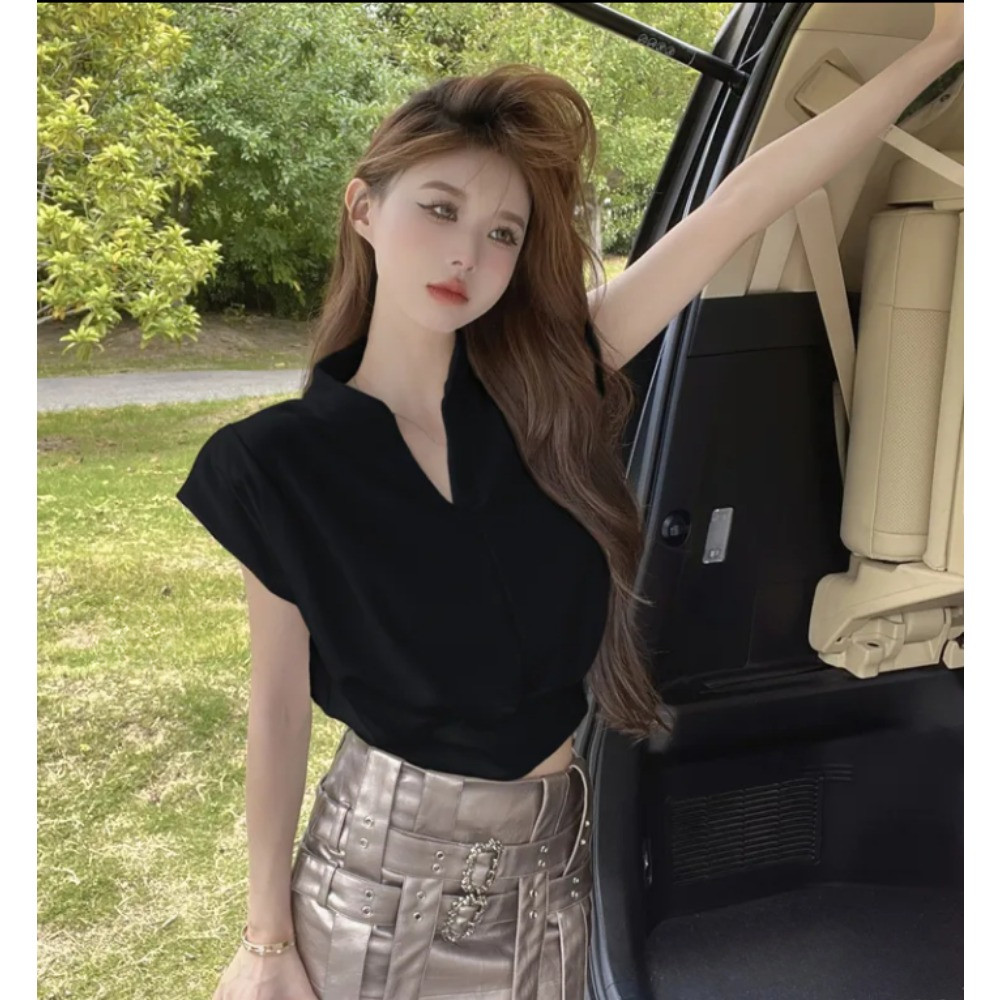 ลมขี้เกียจสไตล์สั้นปลอกคอเปิดครึ่งเสื้อยืด ภาษาฝรั่งเศสเอวปิดกุดเวลาว่างคอวีเสื้อกั๊กด้านบน จัดส่งในกรุงเทพฯ - รูปที่ 7