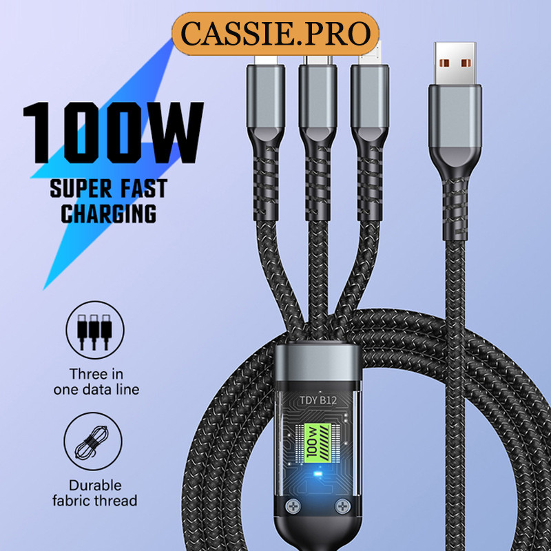 สายชาร์จข้อมูล USB ชาร์จเร็ว 100W/Type C/Android 3 in 1 6A 120W เข้ากันได้กับโทรศัพท์มือถือ/แท็บเล็ต