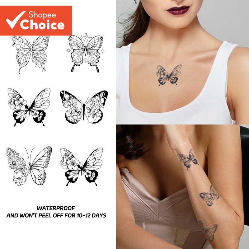 ผีเสื้อรอยสักชั่วคราวกันน้ําติดทนนานถึง 15 วัน Faux Body Art สําหรับผู้หญิงแขน Clavicle กึ่งถาวร 6 ชิ้น