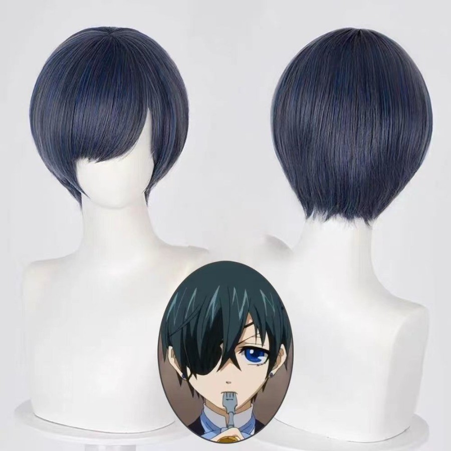 Ciel Phantomhive คอสเพลย์บัตเลอร์ สีดำ เทา และฟ้า พร้อมวิกผมสังเคราะห์ทนความร้อน