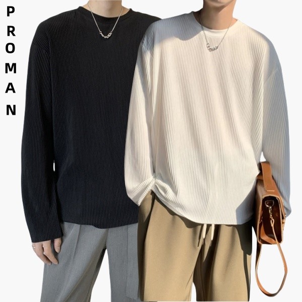 ⚡ProMan⚡แขนยาวคอกลม  เรียบง่าย  ผ้าไอซ์ซิลซ์  แบบหลวม  เสื้อผ้าผู้ชายแฟชั่น