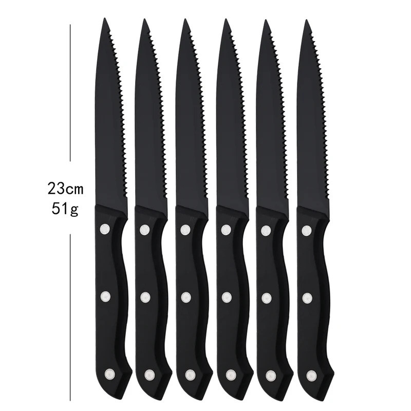 6Pcs Stainless Steel Sharp Steak Knife Wooden Handle Dinner Brown Silver Knives Set Restaurant Table