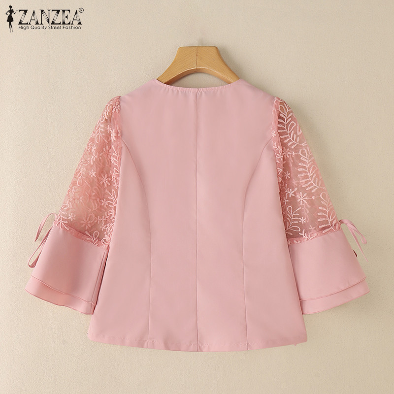 ZANZEA ผู้หญิงเกาหลีที่เงียบสงบหรูหรา Sweetheart Collar Flare Sleeve ลูกไม้โครเชต์ สปไลซิ่งเสื้อ — صورة 8