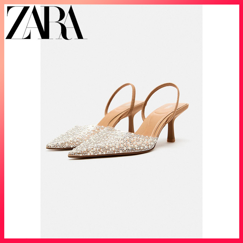 ZARA รองเท้าแตะส้นสูงแบบมูล สำหรับฤดูร้อน ปลายพ้อยท์ ไข่มุกเทียม สไตล์สไลด์หลัง