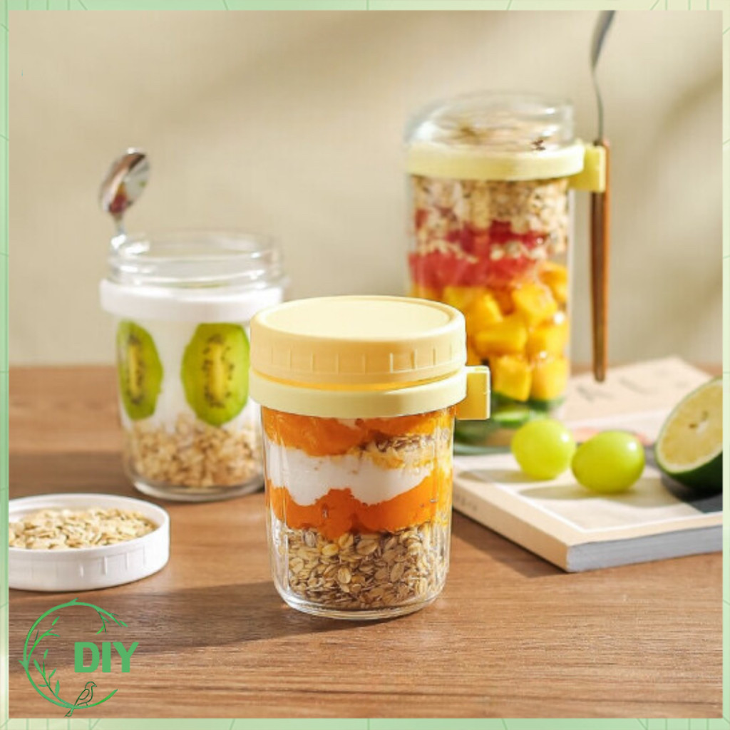 แก้วอาหารเช้า 350ml ถ้วยข้าวโอ๊ต แก้วน้ำแบบพกพา มีฝาปิดและช้อน แก้วปิดผนึกแบบพกพา ถ้วยโยเกิร์ต