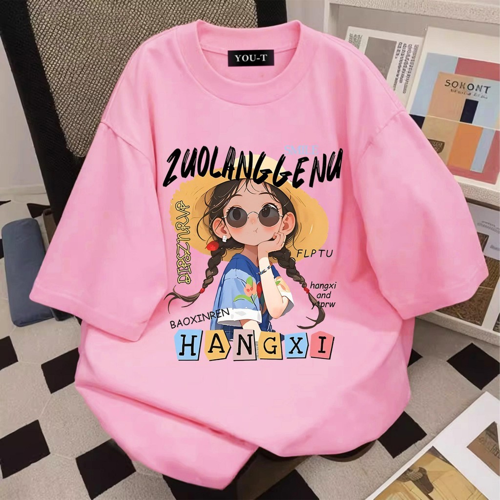 Basi💥 ผู้หญิง เสื้อยืด oversize เกรดพรีเมียม เสื้อคอตตอน100% ไม่หดตัว ใส่สบาย การ์ตูนน่ารัก ลาย “HANGXI GIRL”