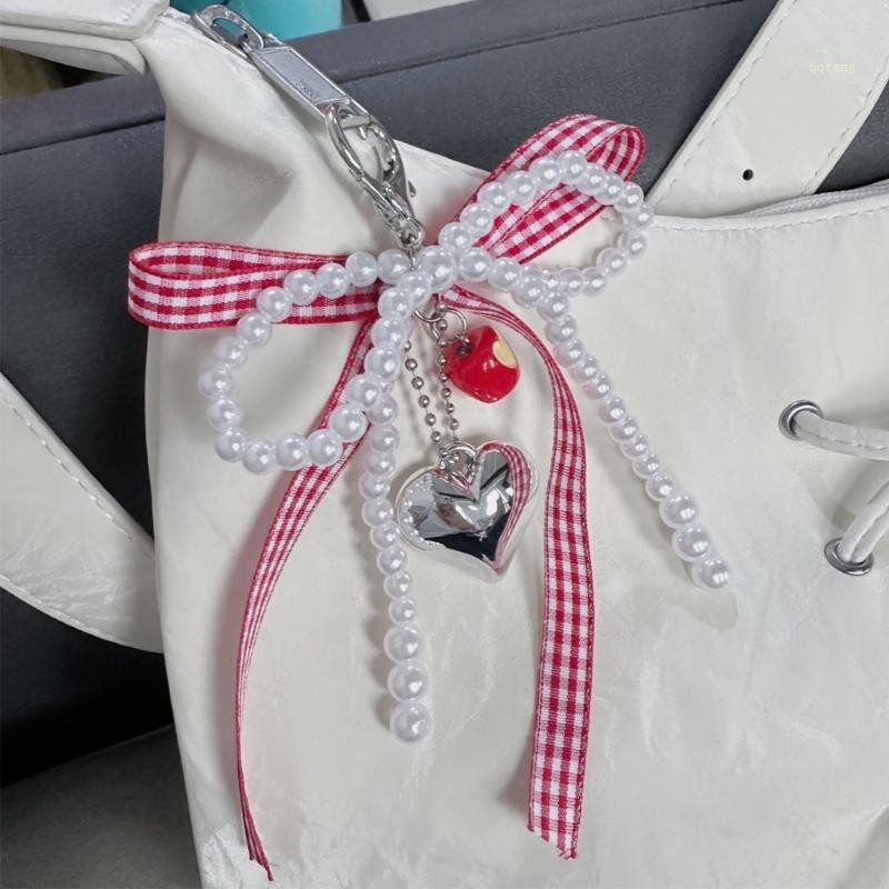 QQ* Stylish Pearls Bowknot Phone Lanyard Fashion Pearls Beaded Phone Rope with Bowknot Charm for Per