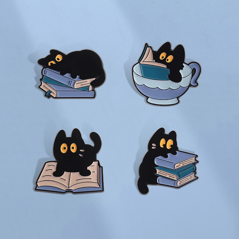 หนังสือแมวดําเคลือบ Pin เข็มกลัดสัตว์ลูกแมว อ่าน_pins_ป้ายปกอุปกรณ์เสริมของขวัญสําหรับเพื่อน