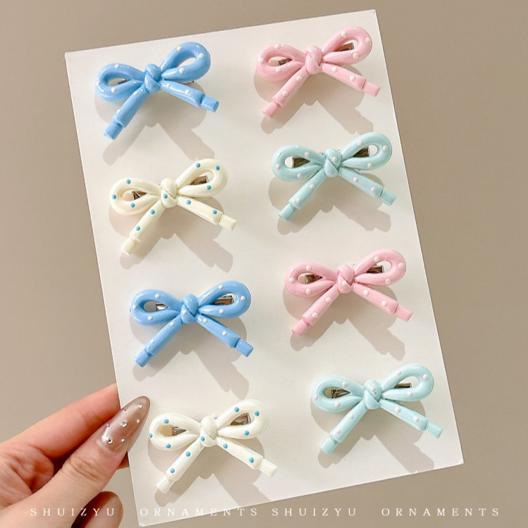 กิ๊บติดผมโบว์ลายจุดครีมสําหรับผู้หญิงคลิปหน้าม้าสาวน่ารัก