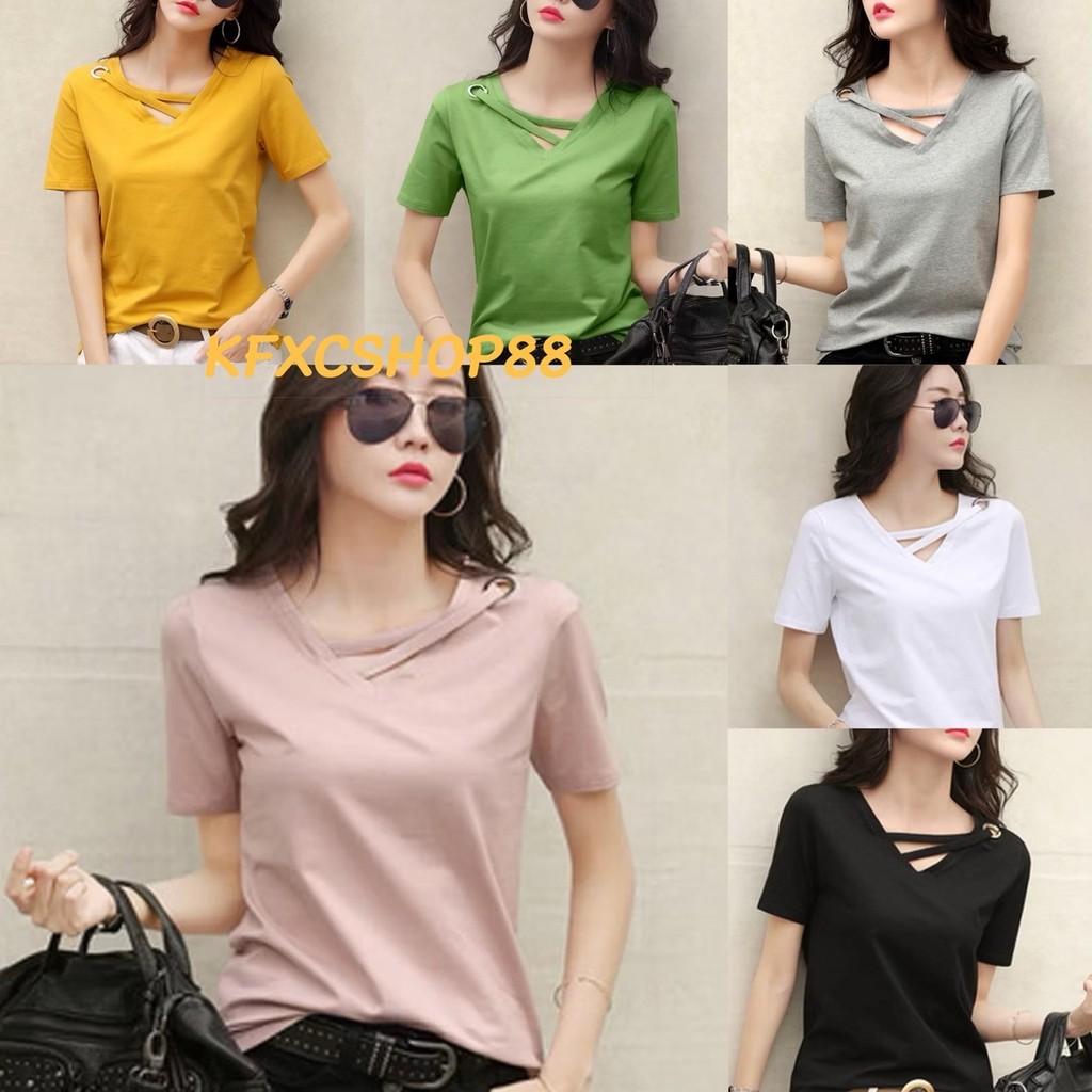 🔹พร้อมส่ง🔹เสื้อยืดคอวี ผ้านุ่ม มีไขว้ที่คอแต่งเก๋ๆ สไตล์เกาหลี #E01