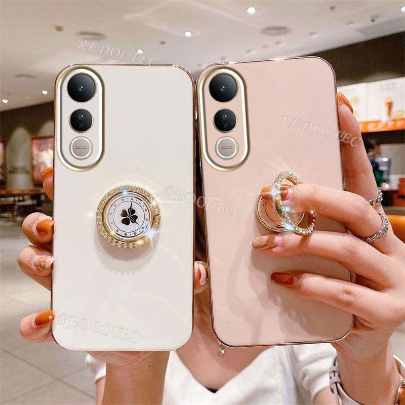 VIVO V50 Lite 5G 4Gปลอกออกแบบใหม่กรณีVIVO V50Lite VIVOV50 Liteหรูหราซิลิโคนอ่อนนุ่มElectroplatedโทรศัพท์พร้อมแหวนที่วางขาตั้ง