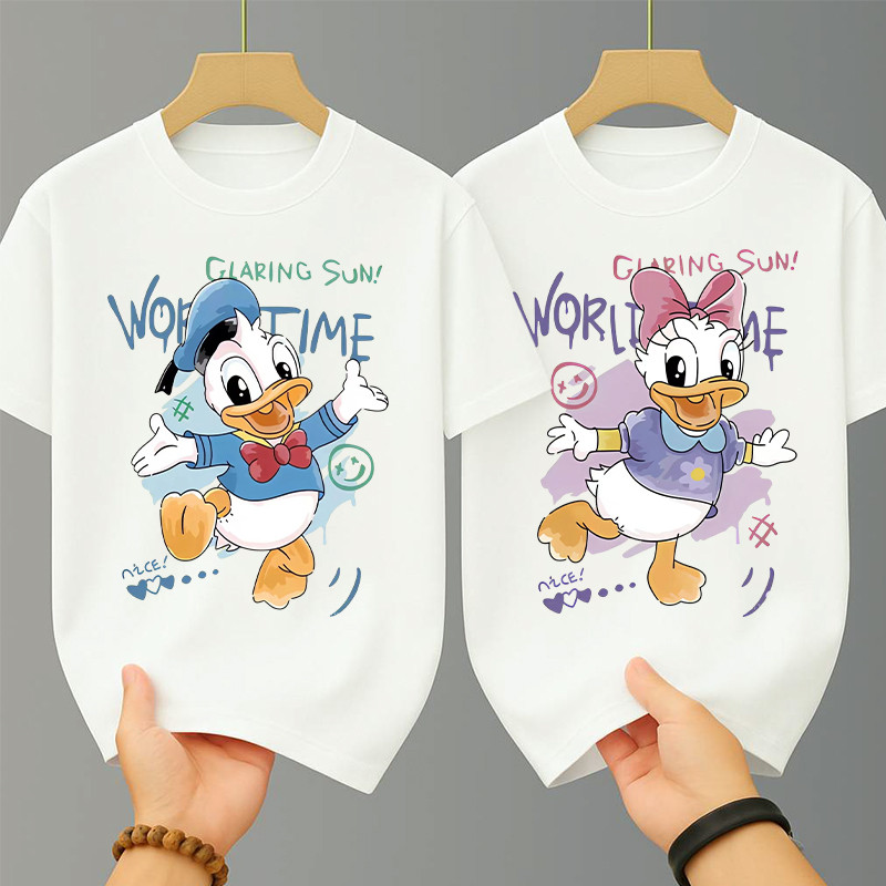 เสื้อยืดคู่รัก คู่แฟน เสื้อยืด คอกลมแขนสั้น โอเวอร์ไซส์ Disney daisy duck  สกรีนลายน่ารัก สไตล์เกาหลี