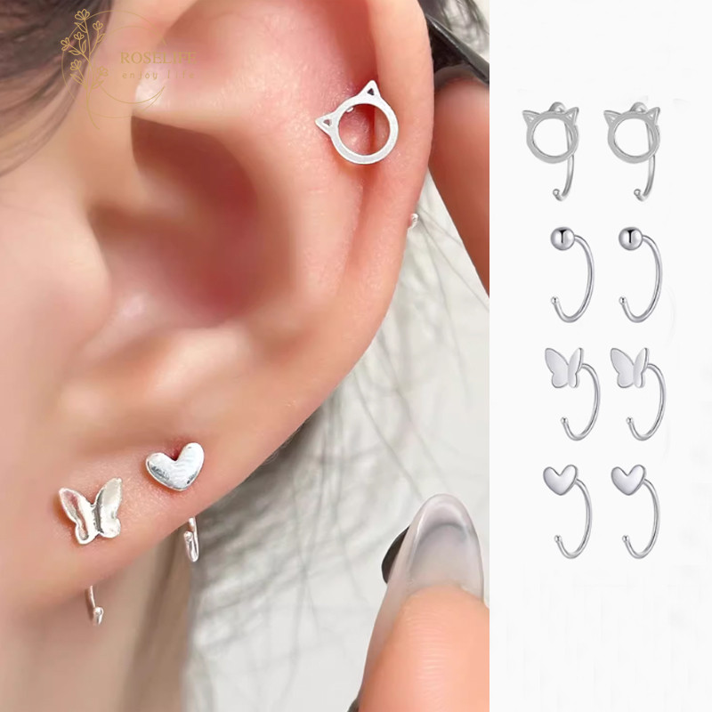 Roselife S925 เงิน 1 คู่ Star Heart ผีเสื้อวงกลม Hoop ต่างหูสําหรับผู้หญิงสาว Hypoallergenic Pierced Pick ฟรีกระดูกอ่อนหูเครื่องประดับ
