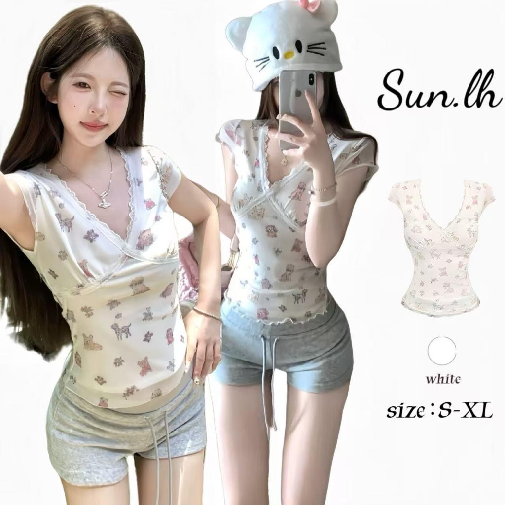 SUN🛍️พร้อมส่ง🛍️เสื้อยืดคอวีแขนสั้นสำหรับผู้หญิงในฤดูร้อน ดีไซน์ลูกไม้สั้นสไตล์สาวหวานสุดฮอต Pure Desire