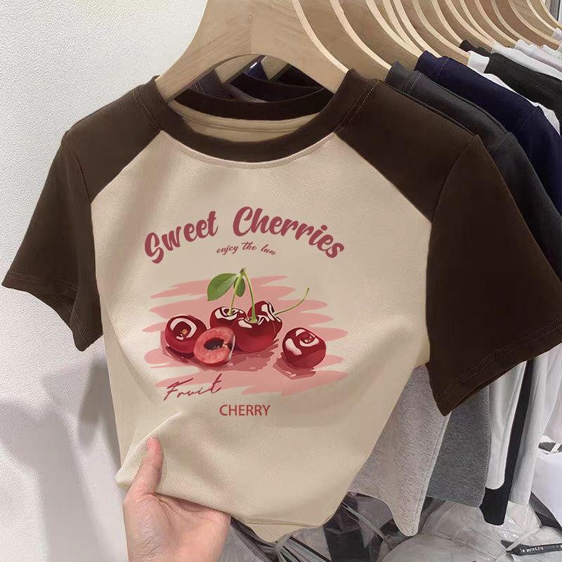 เสื้อยืดน่ารักใหม่ หลายสี ลายเชอรี่-ตรุษจีน เสื้อครอป-ไอเลิฟ มีแฟชั่นสตรีเซ็กซี่ สำหรับสาวอวบ