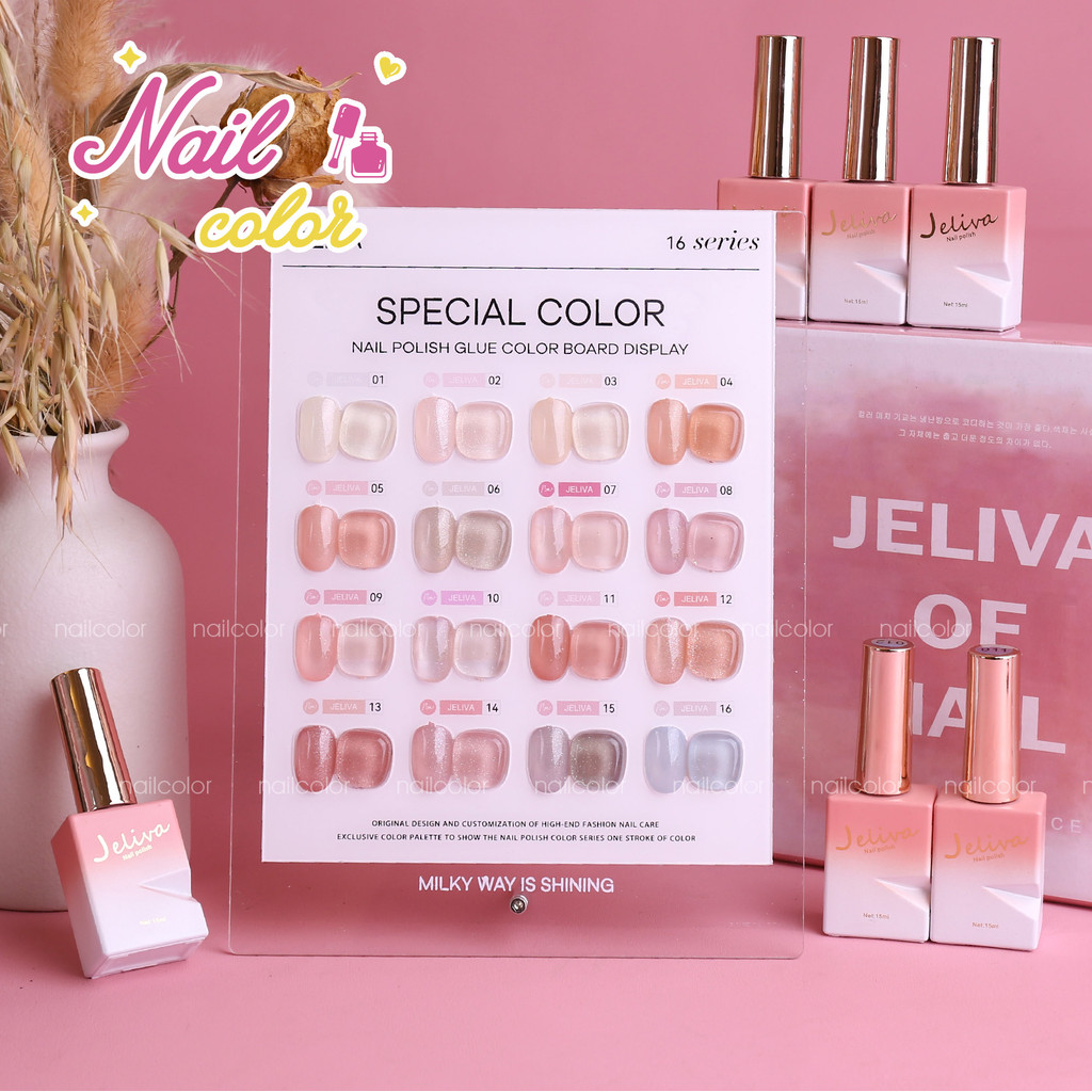 [คลังสินค้าพร้อม] JELIVA Ice Transparent Skin Nails Set (ฟรีการ์ดสี) 15ml Fine Glitter Nail Polish Glue Nude Skin