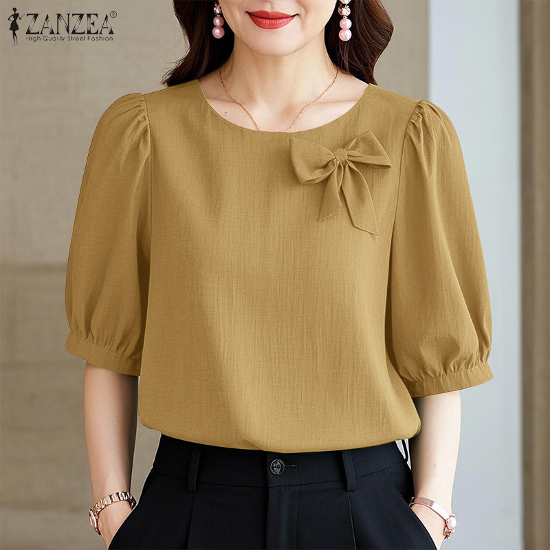ZANZEA เสื้อเบลาส์คอกลมแขนพัฟแขนกลางหรูหราเกาหลีสําหรับผู้หญิง — صورة 5