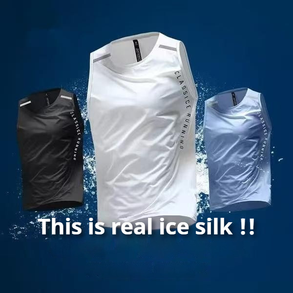 MANSTR ผู้ชายวิ่งออกกำลังกายแขนกุดถังผ้าไหมน้ำแข็งตาข่ายระบายอากาศเสื้อกั๊กกีฬาด้านบนสีดำสีขาว