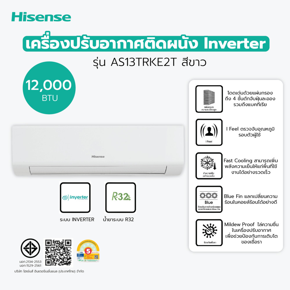 GlobalHouse #ไม่รวมติดตั้ง Hisense เครื่องปรับอากาศติดผนัง Inverter ขนาด 12000 BTU รุ่น AS13TRKE2T ส