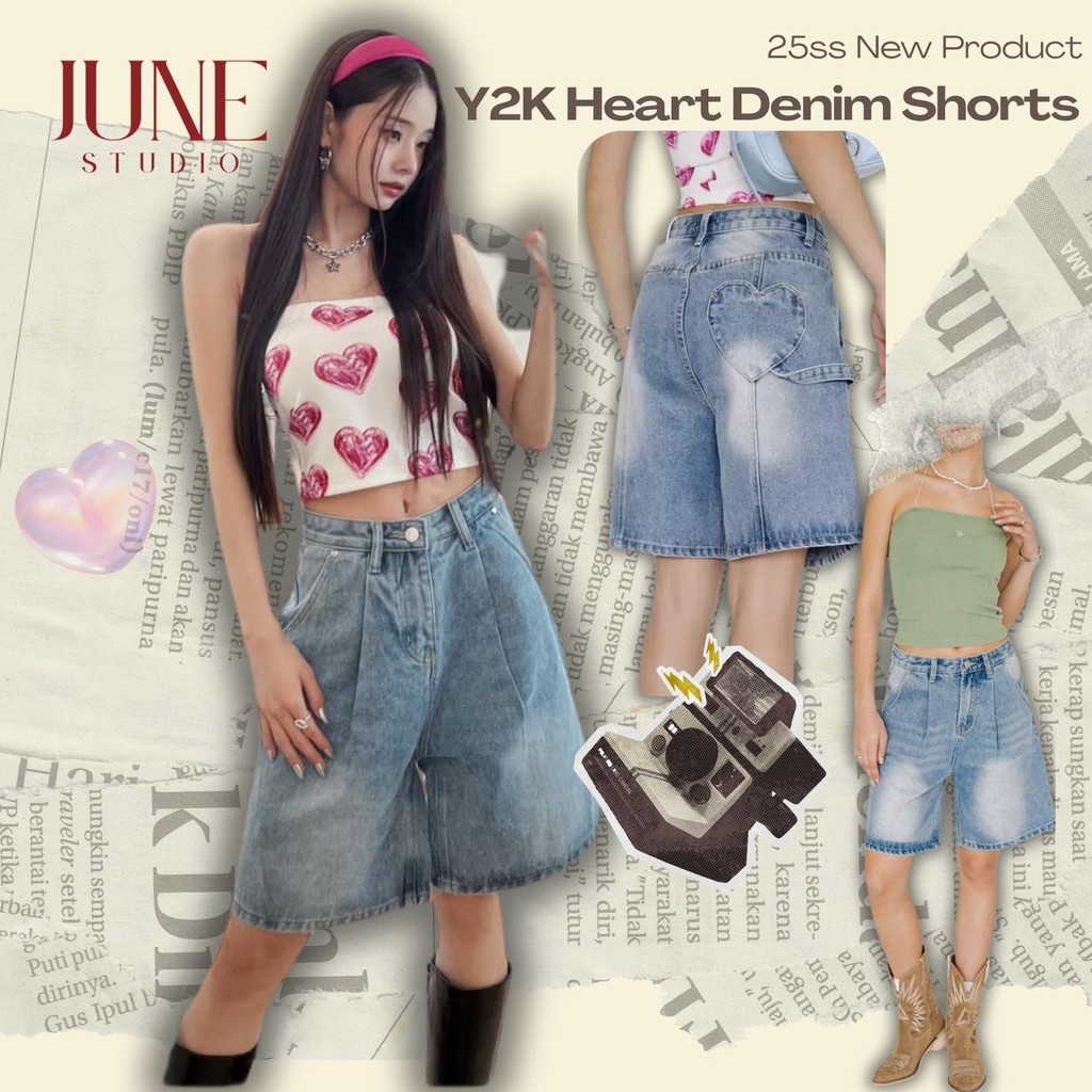 [June Studio] กางเกงยีนส์ขาสั้นห้าจุด สุภาพสตรี หลวมนุ่ม สำหรับฤดูร้อน Love Heart Pocket