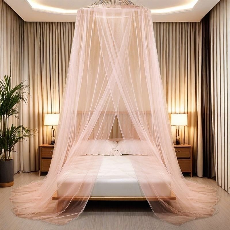 มุ้งกันยุงทรงโดมห้องนอนในครัวเรือนติดตั้งฟรีเตียงคู่สไตล์เจ้าหญิงผ้ากอซโค้งกันยุง