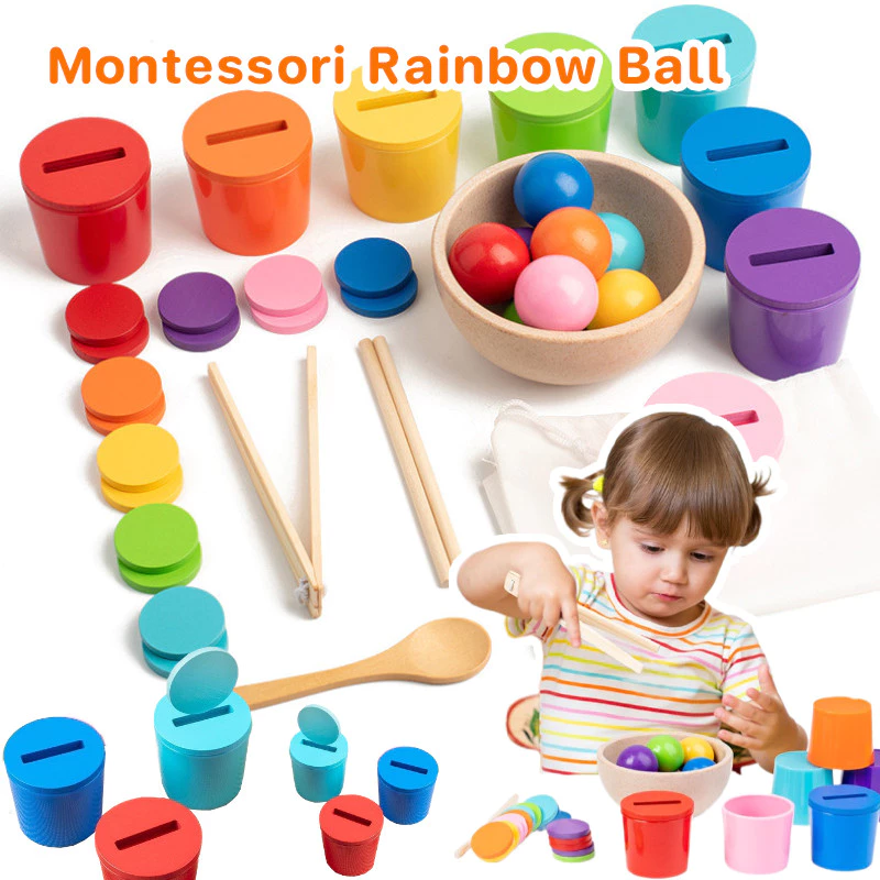 พร้อมส่ง Montessori Rainbow Ball ลูกบอลไม้ เด็กปริศนาไม้ของเล่นสีความรู้ความเข้าใจการจำแนกถ้วย