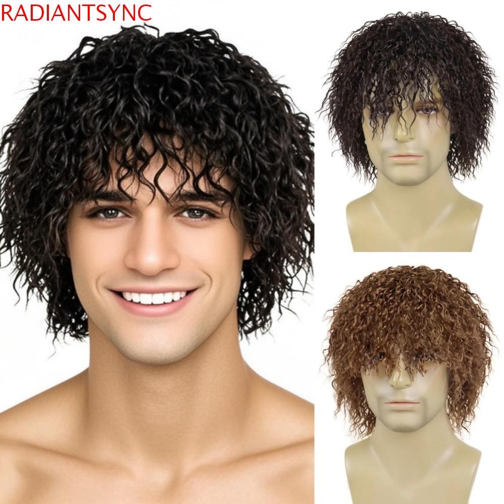 RADIANTSYNC วิกผมสั้นหยิกสีน้ำตาล, ข้าวโพดสังเคราะห์ Perm Afro Messy Curly Wig, Punk ทรงธรรมชาติสำหรับผู้ชายน่าเชื่อถือและใช้ทุกวัน