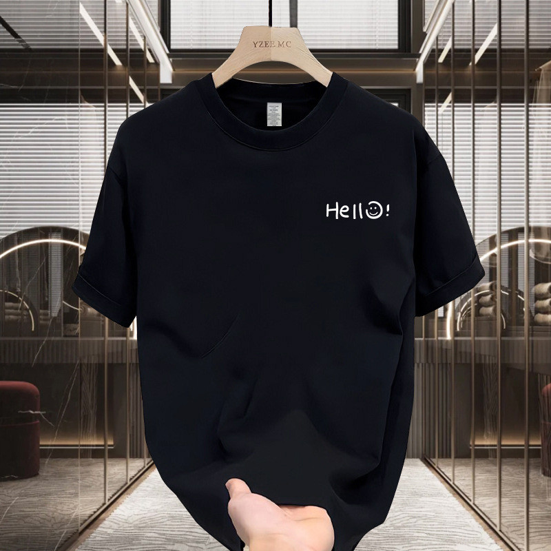 ท็อปเสื้อยืดแขนสั้นคอวีผ้าฝ้ายหลวมสำหรับผู้ชาย เสื้อเบสพิมพ์บางสำหรับฤดูร้อน