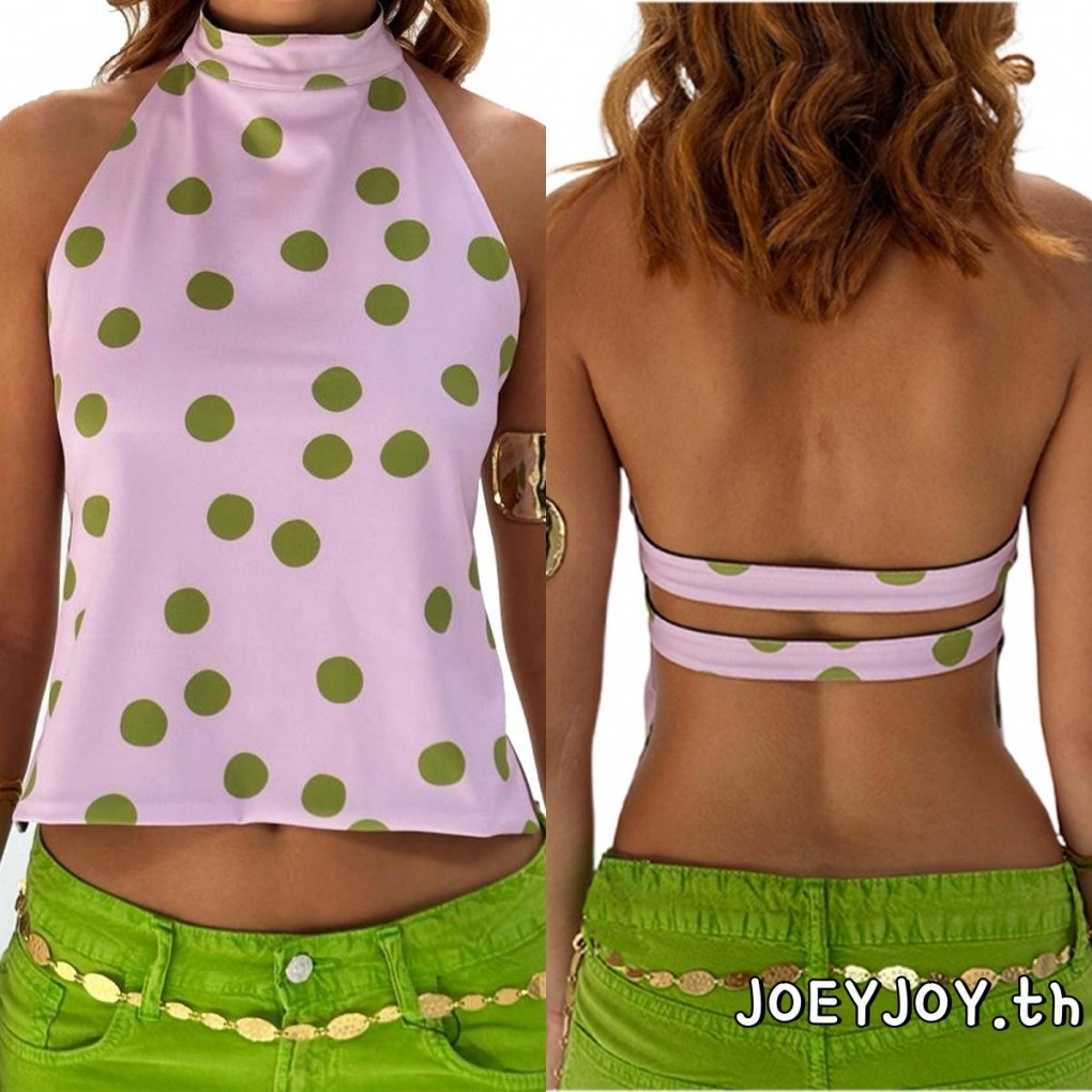 JOEYJOY-ผู้หญิงเสื้อกล้ามเชือกแขวนคอแขนกุดจุดเปลือย/ดอกไม้พิมพ์เสื้อกั๊กฤดูร้อน