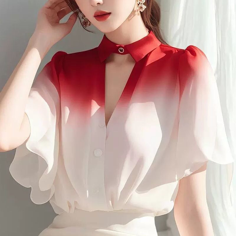เสื้อเชิ้ตแขนสั้นสไตล์ตะวันตก ดีไซน์ไล่โทนสี สวยเก๋ฝรั่งเศส ขนาดเล็ก ผ้าชีฟอง ใส่สบาย