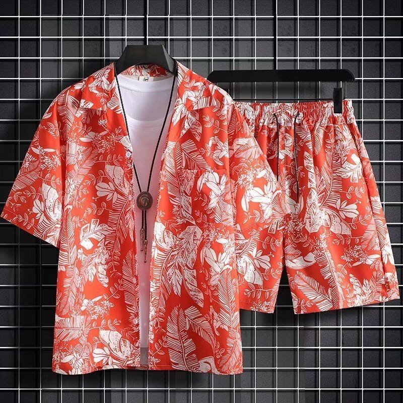 กางเกงขาสั้นผ้าไหมน้ําแข็งกทั้งชุดผู้ชายฤดูร้อนบางหลวมแขนสั้นเสื้อดอกไม้ฮาวายคู่ชายหาดสูท - รูปที่ 5