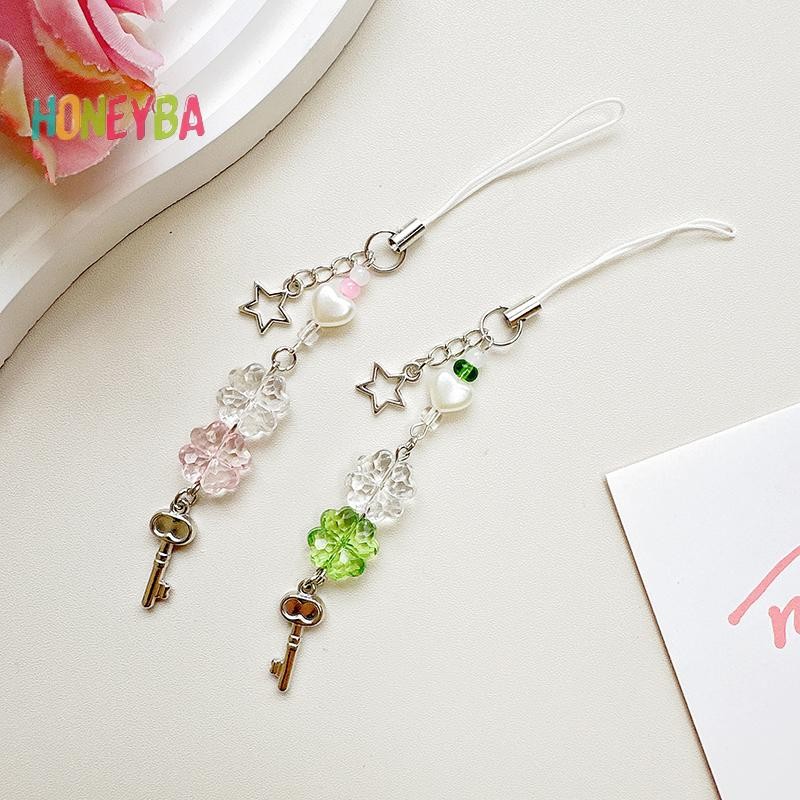 <Honeyba>Sweet Four Leaf Cloversลูกปัดโทรศัพท์Charmสําหรับผู้หญิงสาวน่ารักประณีตพวงกุญแจจี้แฟชั่นโทรศัพท์เชือกเส้นเล็กของขวัญNice