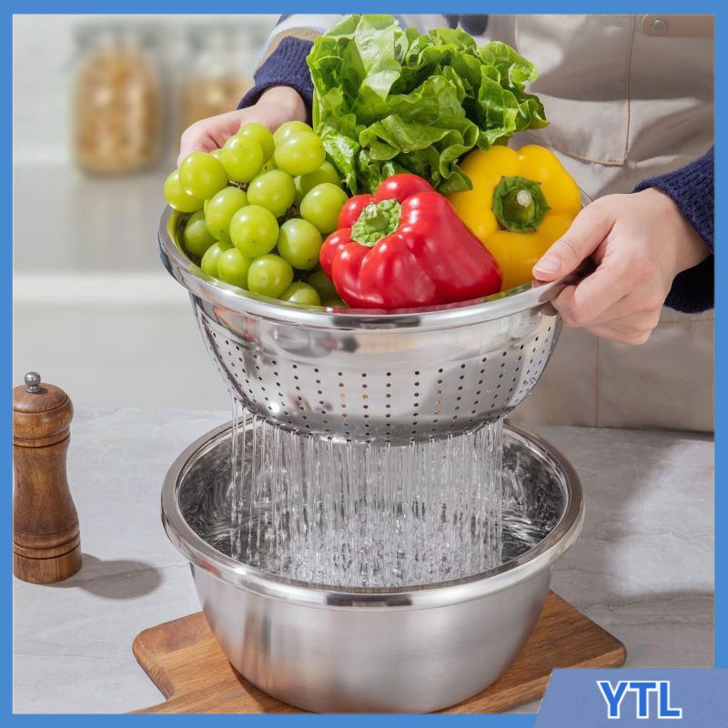 กะละมัง 3in1กะละมังสแตนเลสมีรู 304 กะละมังรูล้างผัก ผลไม้อย่างหนา น้ำหนักเบา แข็งแรง ทนทาน