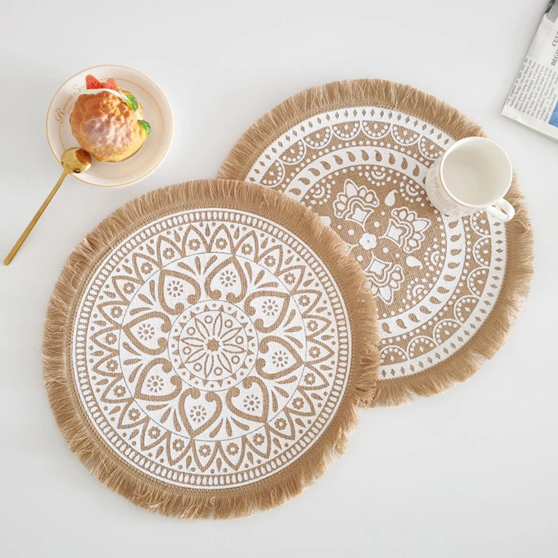 2PC Woven Jute Placemats Tassels Mats Round Table Mats Dining Table Heat Insulation mat Home Party W