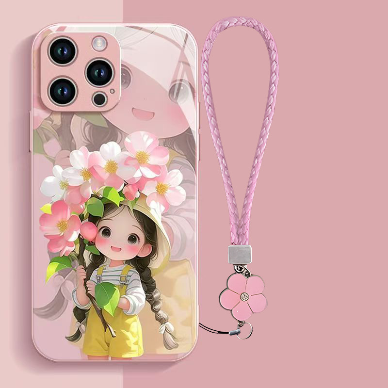 เคสเหมาะสําหรับ iPhone 6/7/8/X/XR/XSMax/11/12/13/14plus/15/16 Pro Max,น่ารักสาวดอกไม้แฟชั่นกระจกเหลวเคสป้องกันโทรศัพท์,เชือกคล้องโทรศัพท์,กันกระแทก,